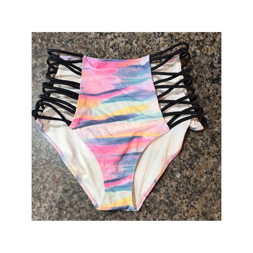 Victoria's Secret PINK High Waist Bikini Bottoms Watercolor Strappy Caged Large